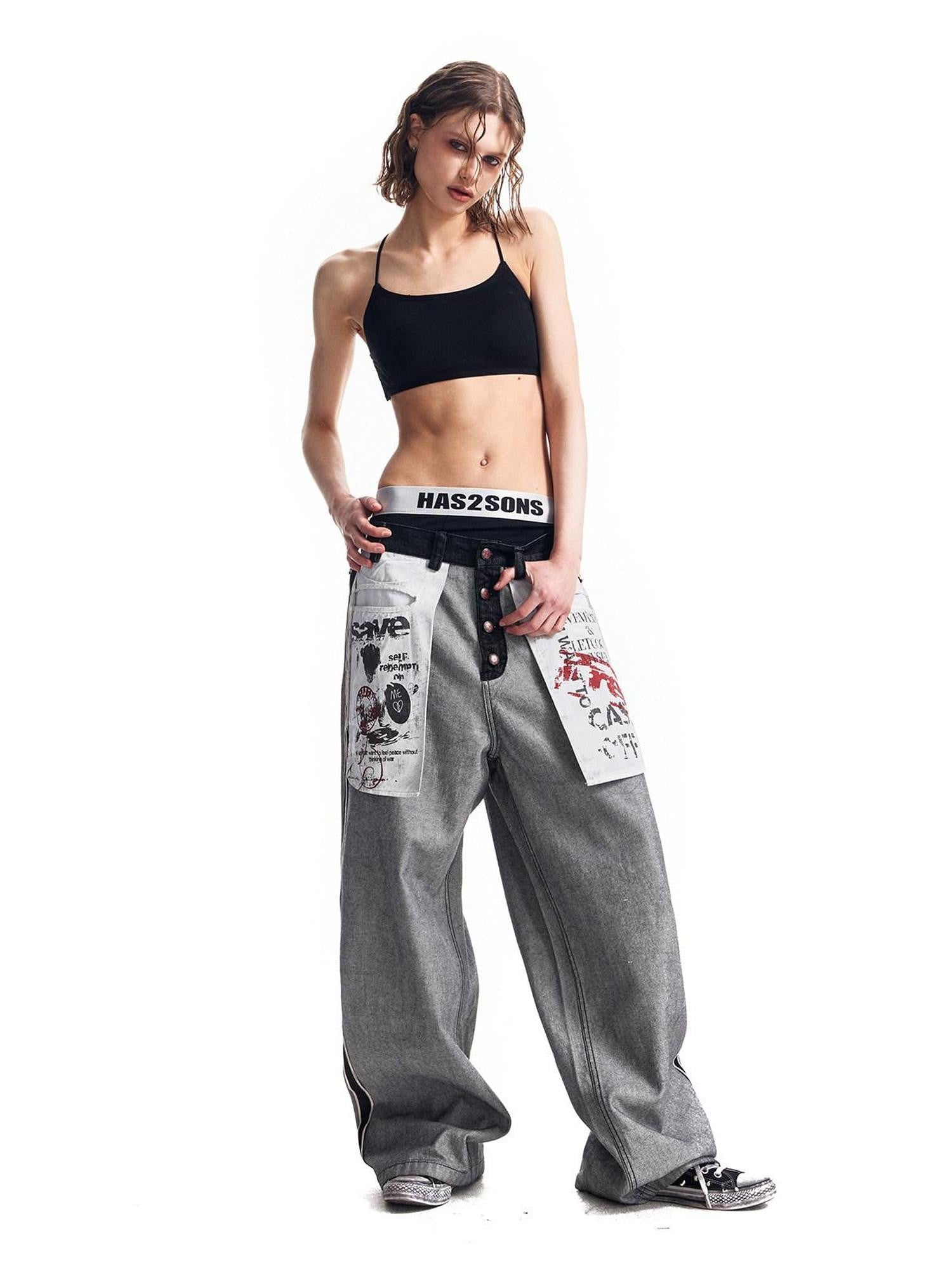 HAS2SONS Red Selvedge Raw Denim Oversized Pockets Printed Women's Cotton Straight Jeans