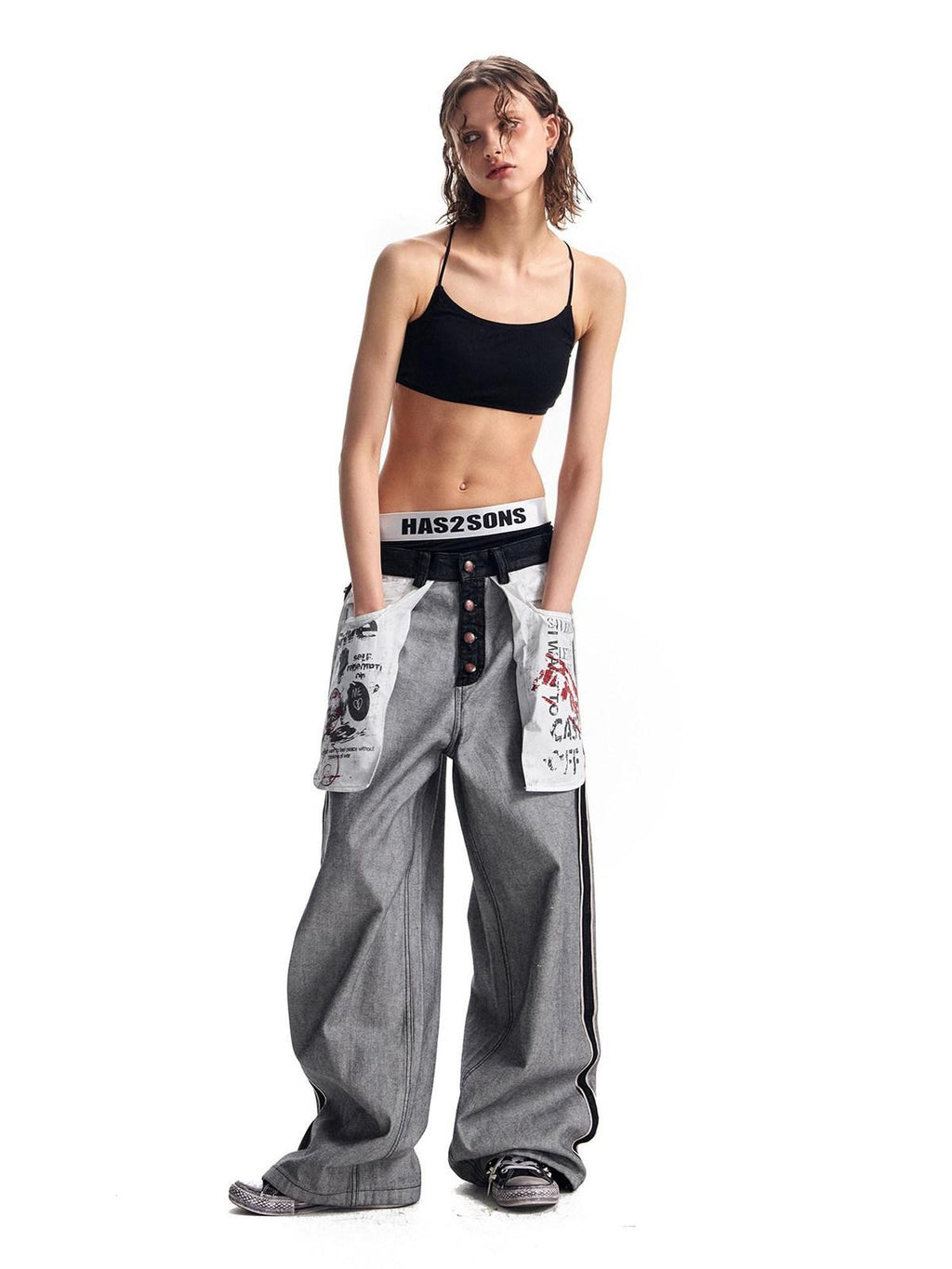 HAS2SONS Red Selvedge Raw Denim Oversized Pockets Printed Women's Cotton Straight Jeans