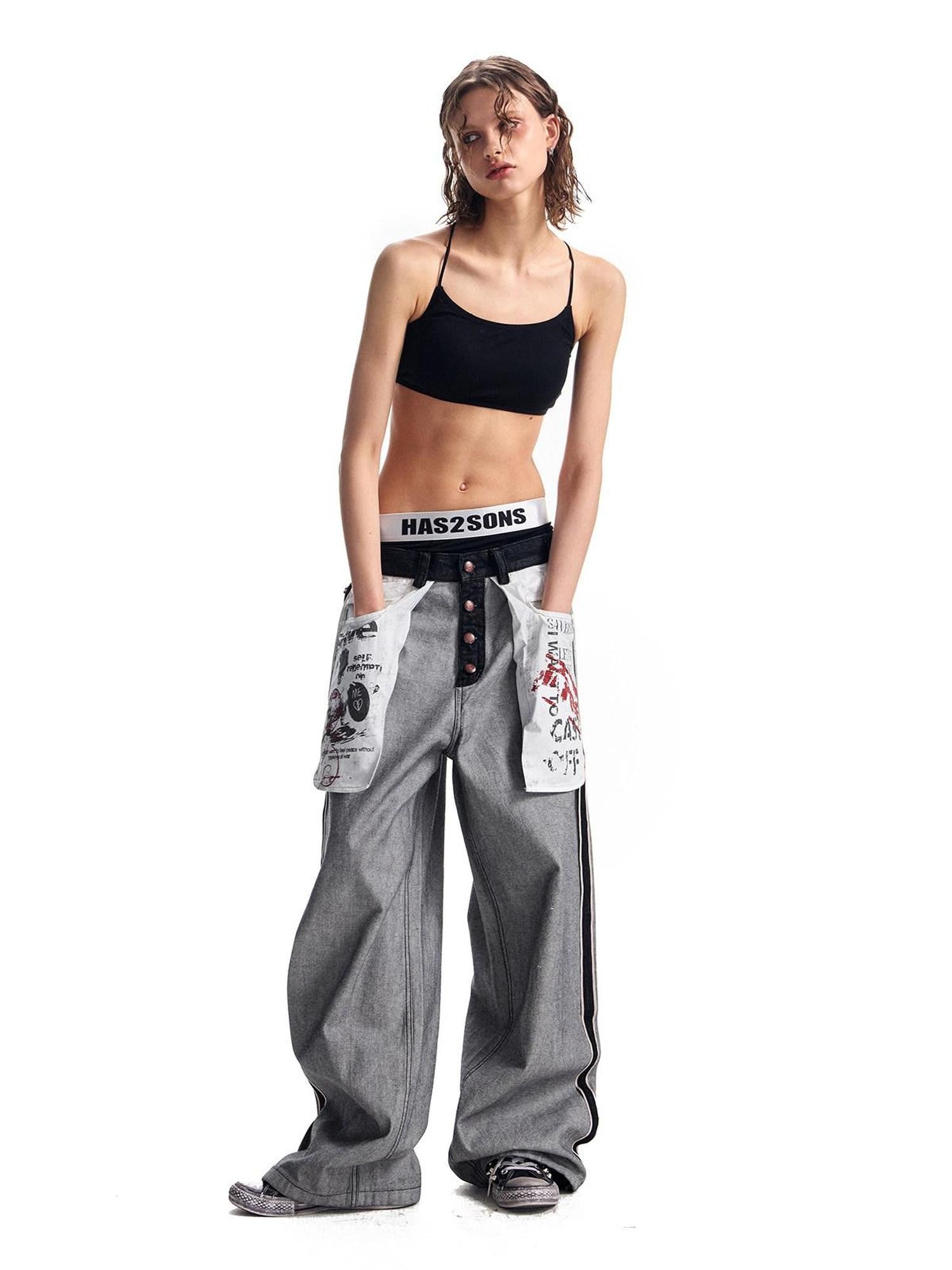 HAS2SONS Red Selvedge Raw Denim Oversized Pockets Printed Women's Cotton Straight Jeans