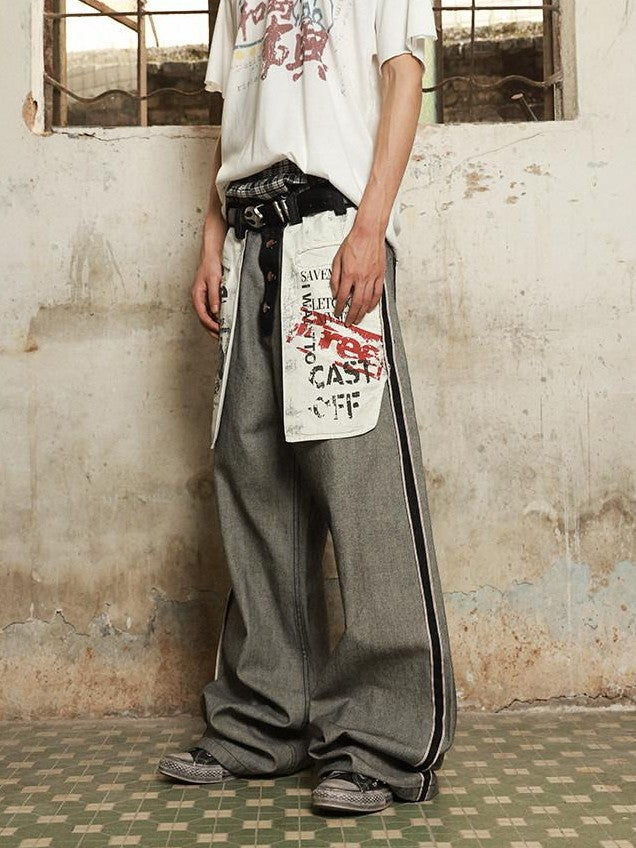 HAS2SONS Red Selvedge Raw Denim Oversized Pockets Printed Women's Cotton Straight Jeans