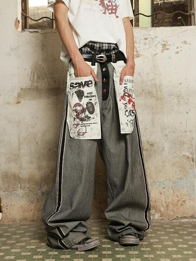 HAS2SONS Red Selvedge Raw Denim Oversized Pockets Printed Women's Cotton Straight Jeans