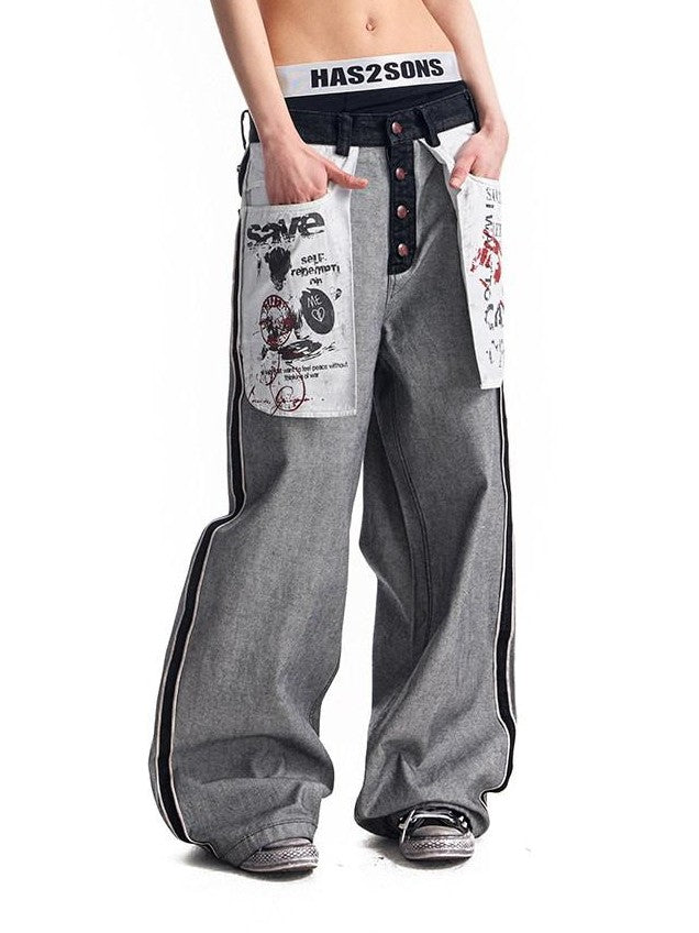 HAS2SONS Red Selvedge Raw Denim Oversized Pockets Printed Women's Cotton Straight Jeans