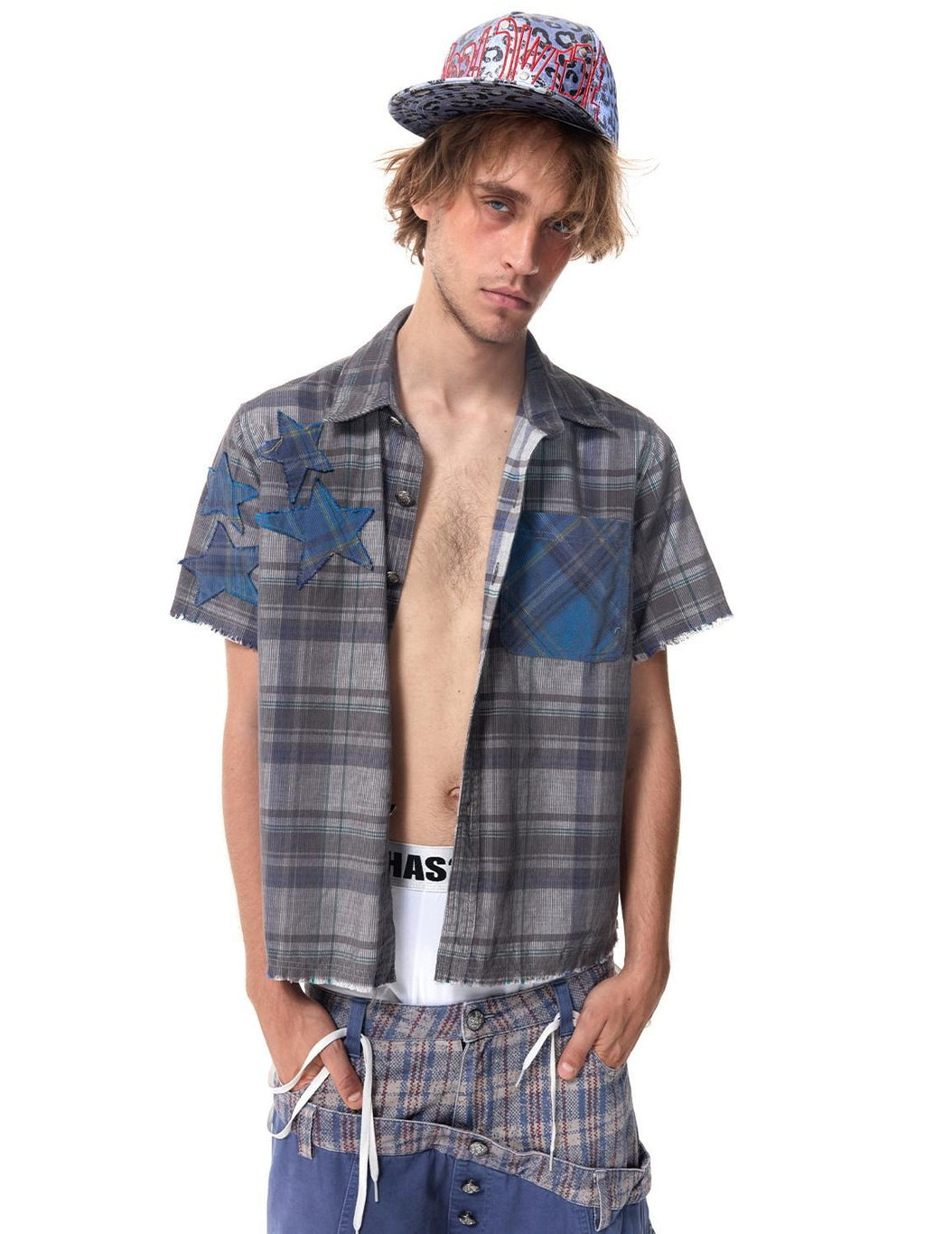 HAS2SONS Star Applique Plaid Boxy Women's Flocked Corduroy Cuban Collar Shirts