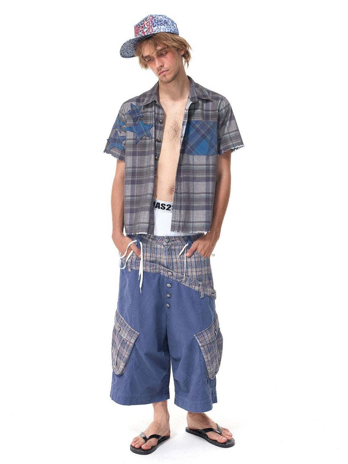 HAS2SONS Star Applique Plaid Boxy Women's Flocked Corduroy Cuban Collar Shirts