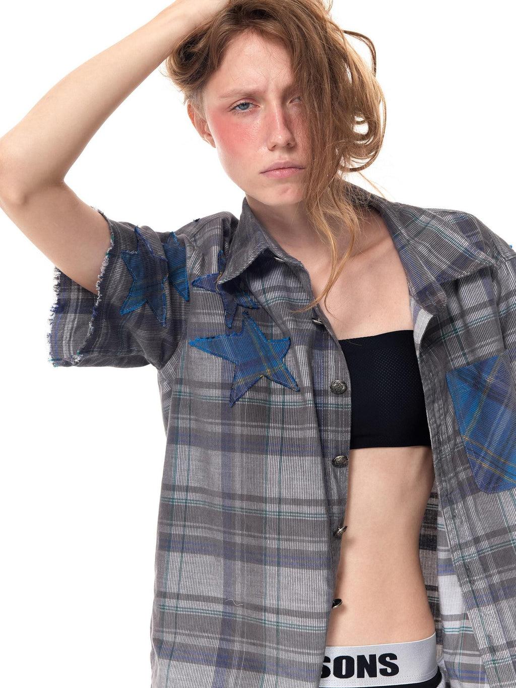 HAS2SONS Star Applique Plaid Boxy Women's Flocked Corduroy Cuban Collar Shirts