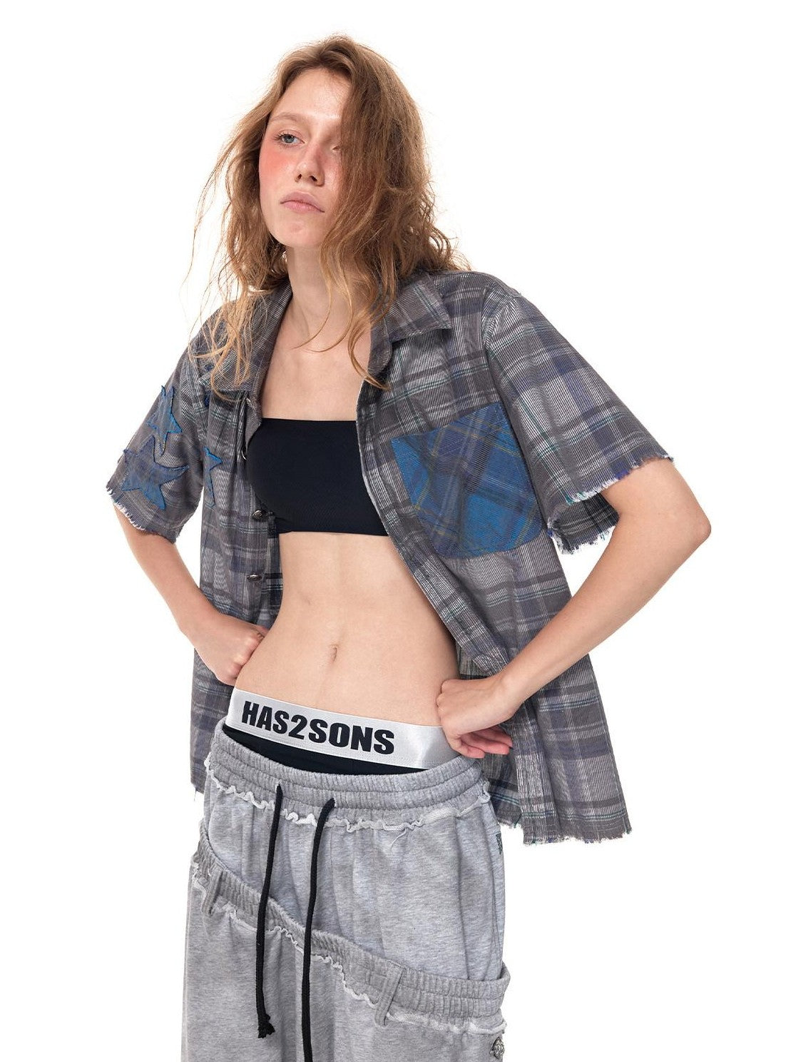 HAS2SONS Star Applique Plaid Boxy Women's Flocked Corduroy Cuban Collar Shirts