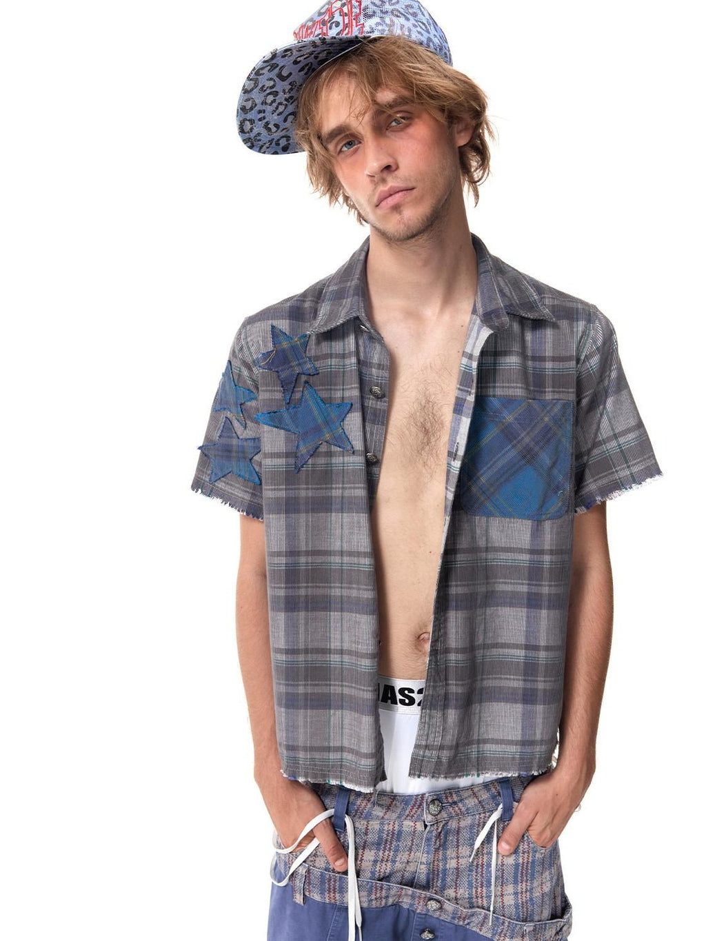 HAS2SONS Star Applique Plaid Boxy Women's Flocked Corduroy Cuban Collar Shirts