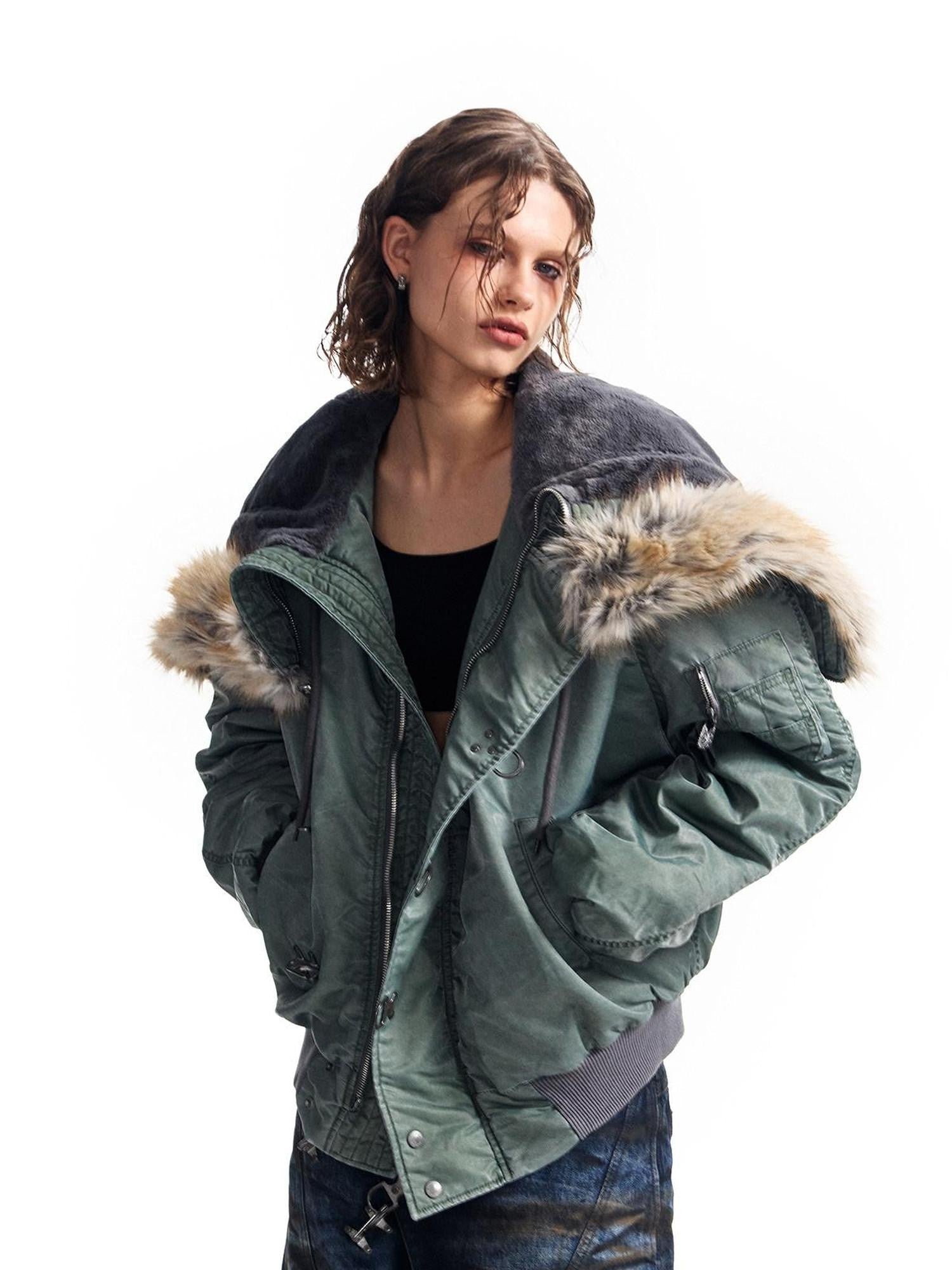 HAS2SONS Stonewash Rivet Hooded Fur Collar Women's Nylon Bomber Jackets