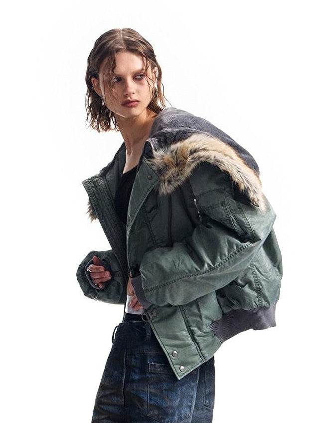 HAS2SONS Stonewash Rivet Hooded Fur Collar Women's Nylon Bomber Jackets