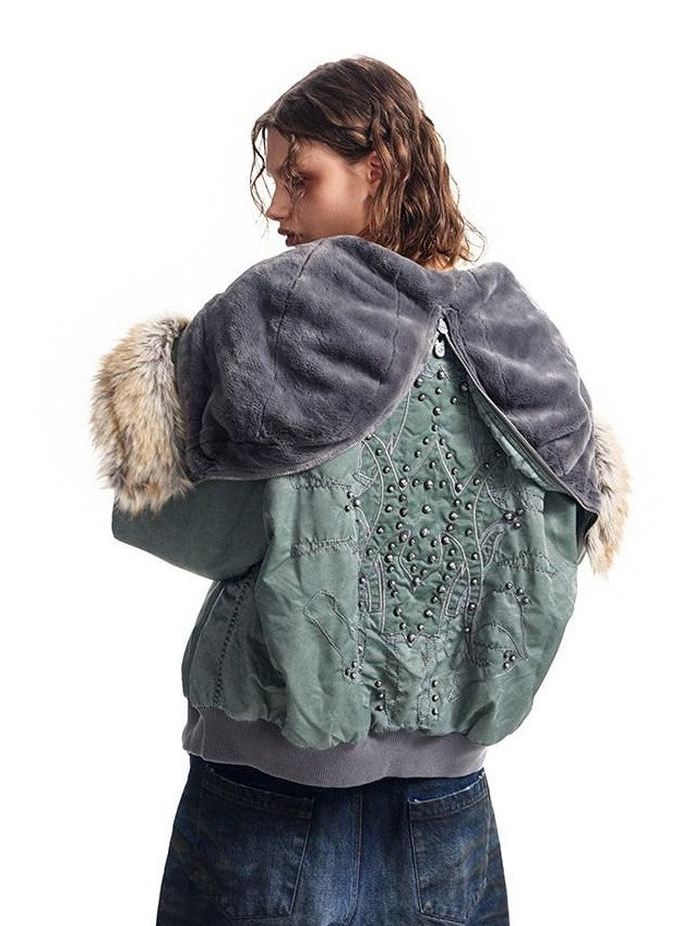 HAS2SONS Stonewash Rivet Hooded Fur Collar Women's Nylon Bomber Jackets