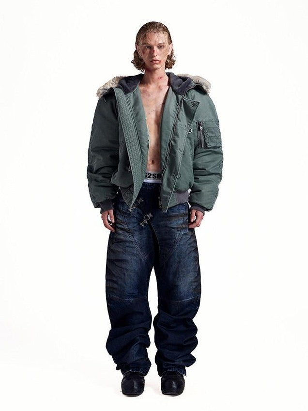 HAS2SONS Stonewash Rivet Hooded Fur Collar Women's Nylon Bomber Jackets