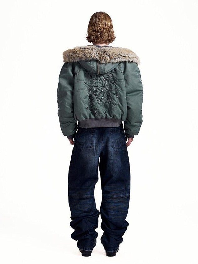 HAS2SONS Stonewash Rivet Hooded Fur Collar Women's Nylon Bomber Jackets