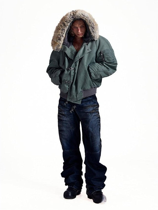 HAS2SONS Stonewash Rivet Hooded Fur Collar Women's Nylon Bomber Jackets