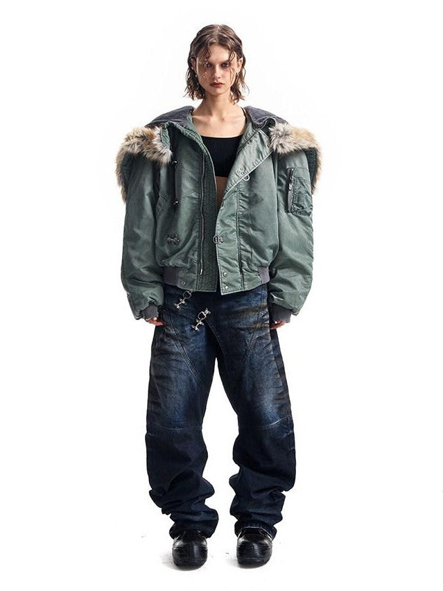 HAS2SONS Stonewash Rivet Hooded Fur Collar Women's Nylon Bomber Jackets
