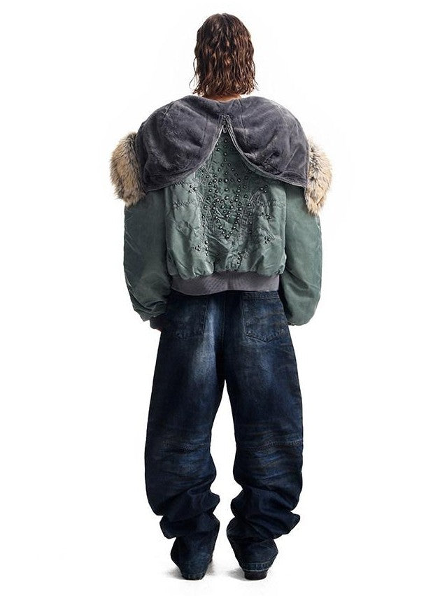 HAS2SONS Stonewash Rivet Hooded Fur Collar Women's Nylon Bomber Jackets