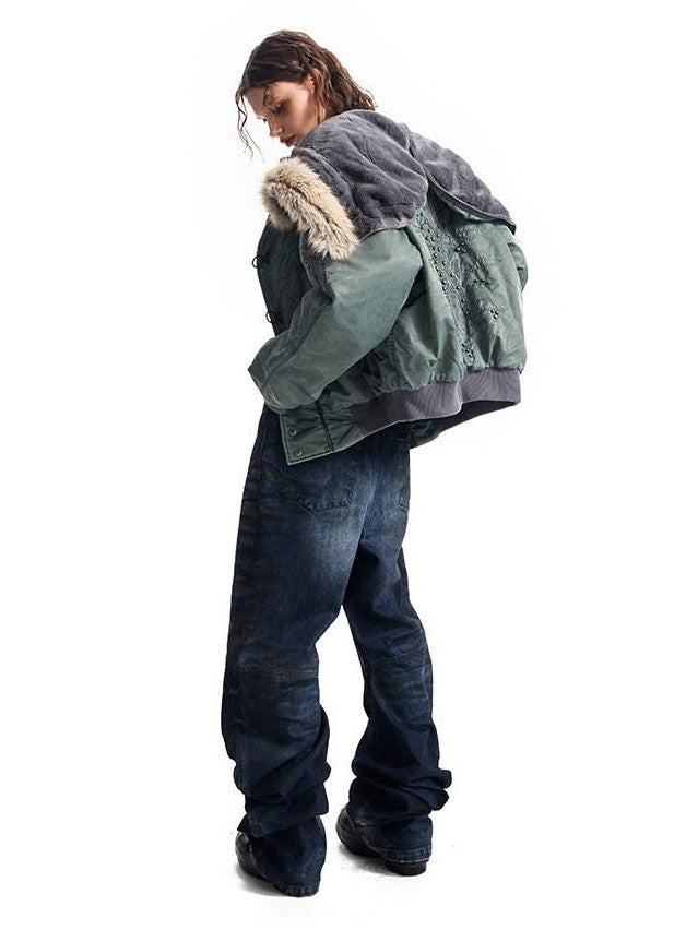 HAS2SONS Stonewash Rivet Hooded Fur Collar Women's Nylon Bomber Jackets