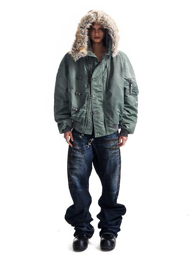HAS2SONS Stonewash Rivet Hooded Fur Collar Women's Nylon Bomber Jackets
