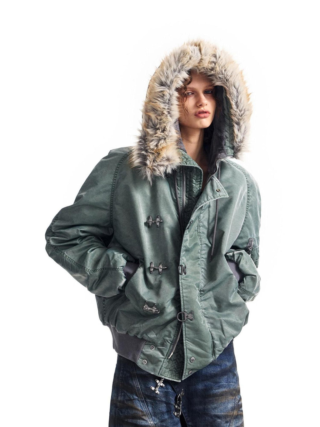 HAS2SONS Stonewash Rivet Hooded Fur Collar Women's Nylon Bomber Jackets