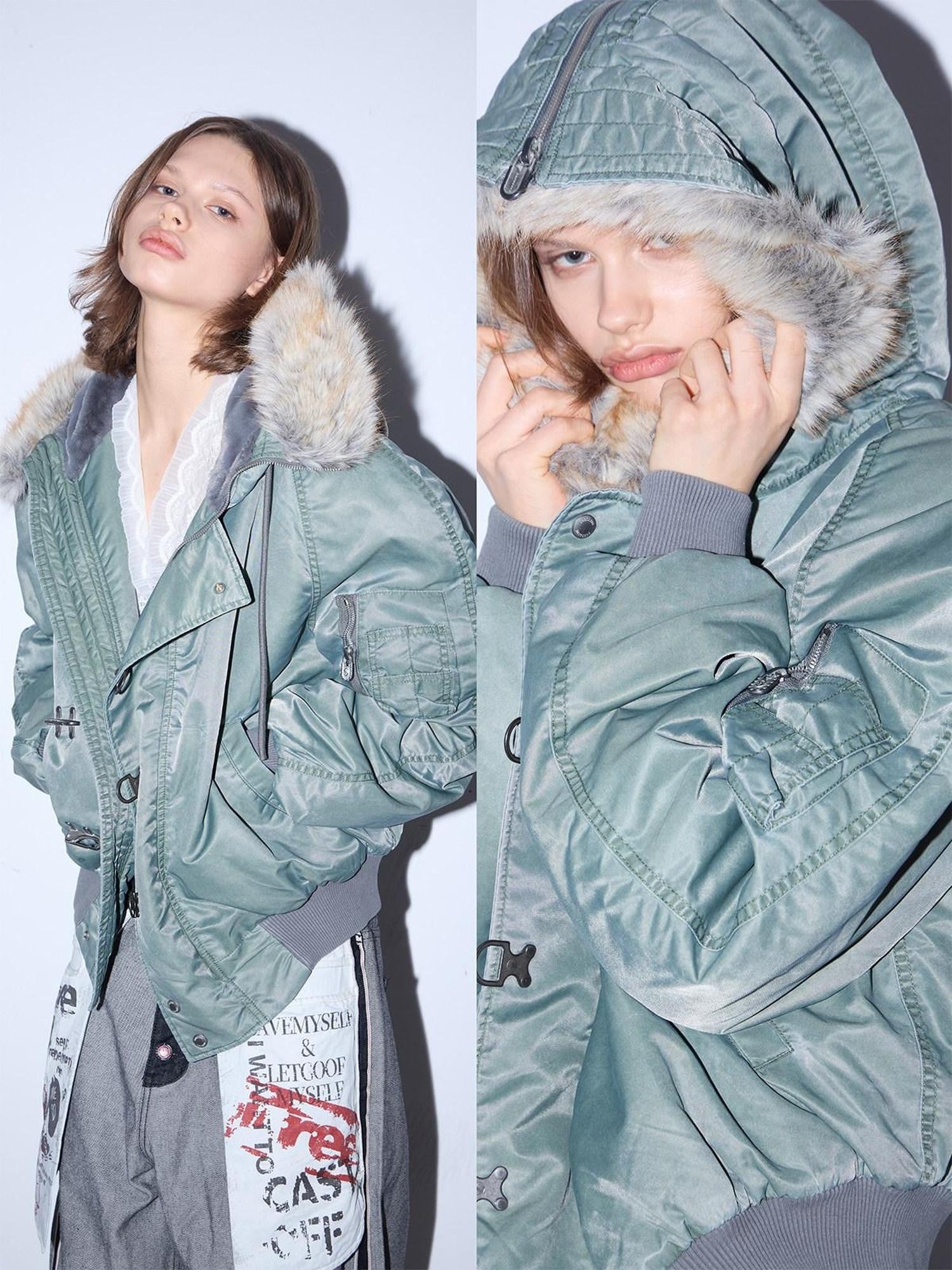HAS2SONS Stonewash Rivet Hooded Fur Collar Women's Nylon Bomber Jackets