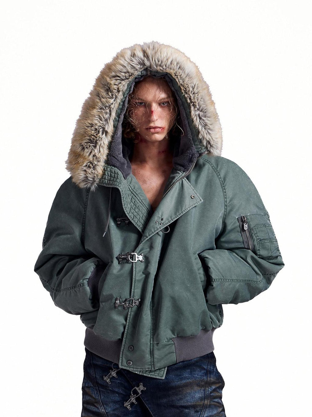 HAS2SONS Stonewash Rivet Hooded Fur Collar Women's Nylon Bomber Jackets
