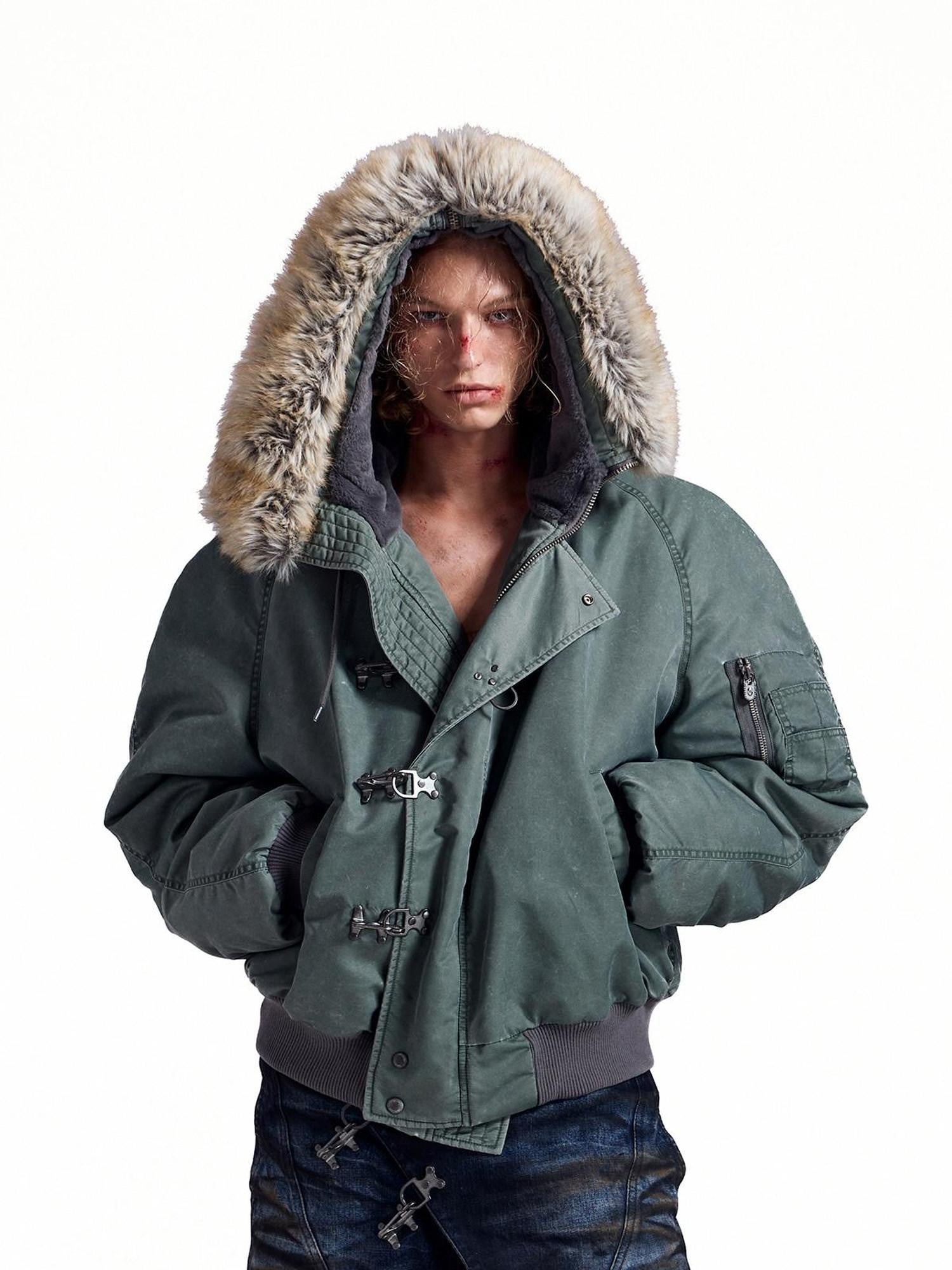 HAS2SONS Stonewash Rivet Hooded Fur Collar Women's Nylon Bomber Jackets