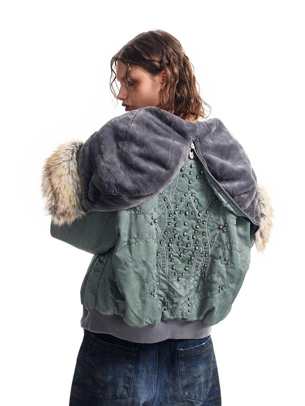 HAS2SONS Stonewash Rivet Hooded Fur Collar Women's Nylon Bomber Jackets