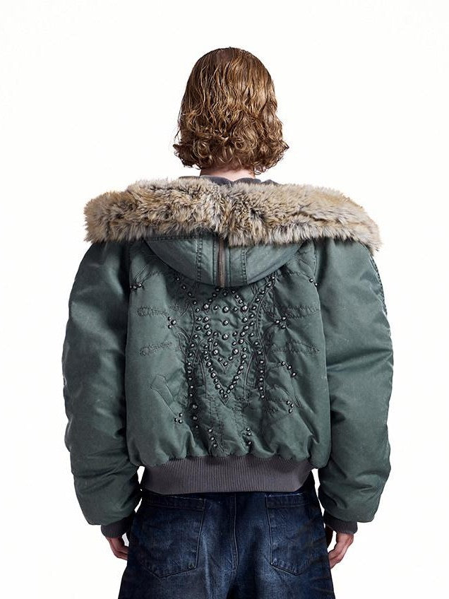 HAS2SONS Stonewash Rivet Hooded Fur Collar Women's Nylon Bomber Jackets