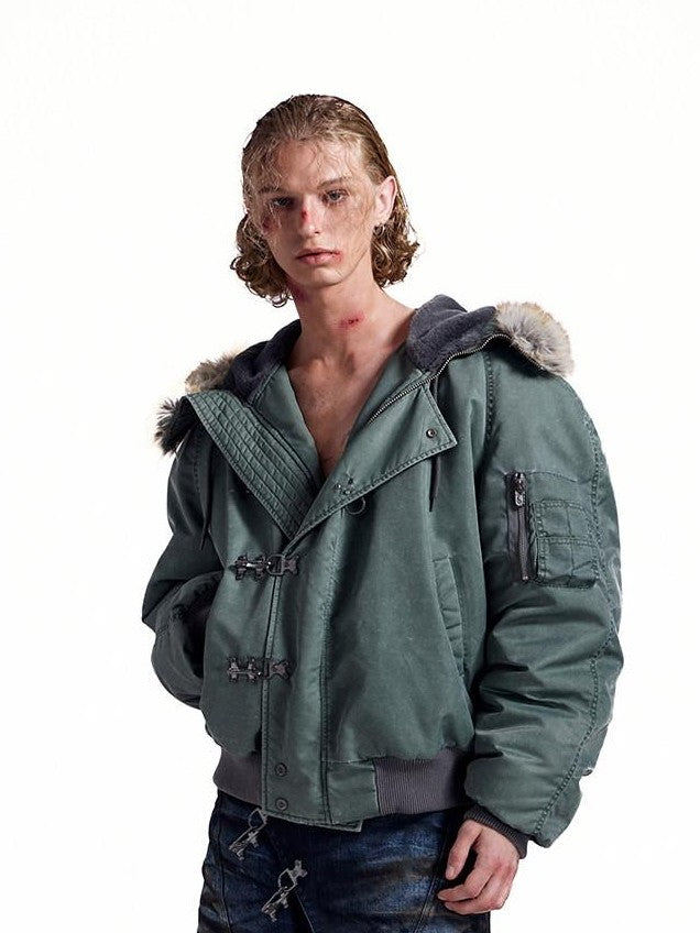 HAS2SONS Stonewash Rivet Hooded Fur Collar Women's Nylon Bomber Jackets