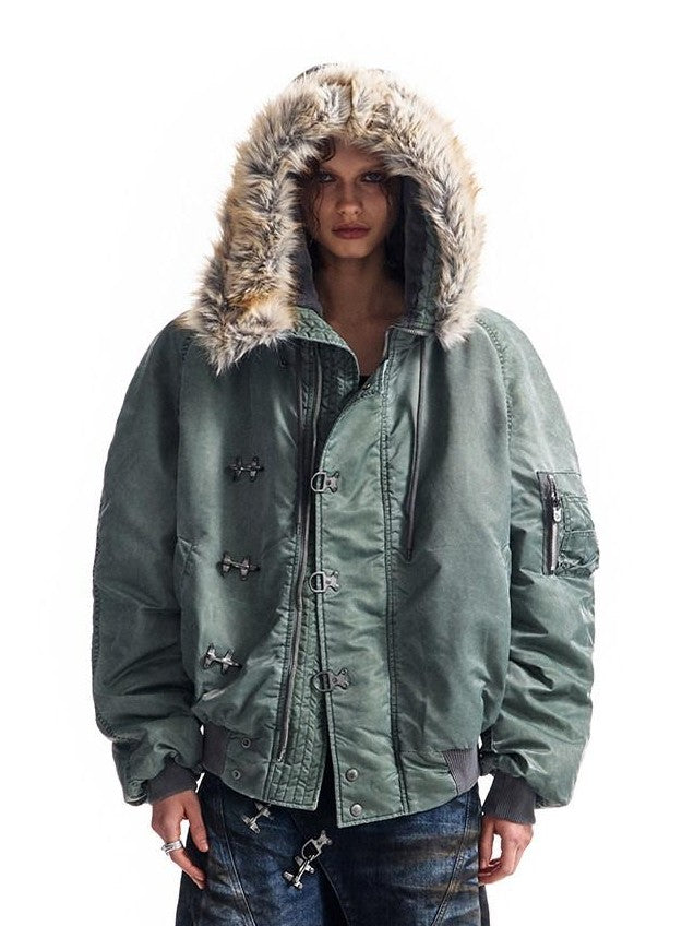 HAS2SONS Stonewash Rivet Hooded Fur Collar Women's Nylon Bomber Jackets