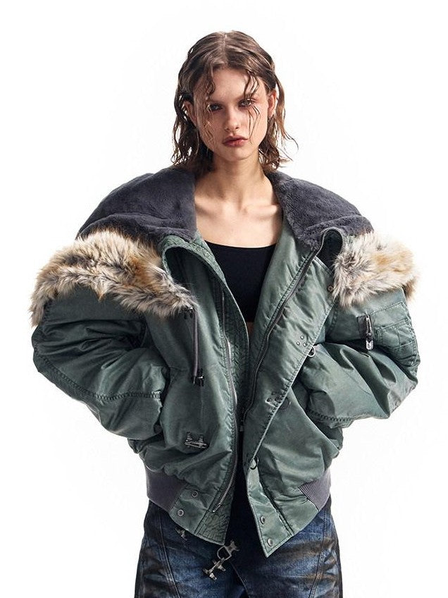 HAS2SONS Stonewash Rivet Hooded Fur Collar Women's Nylon Bomber Jackets