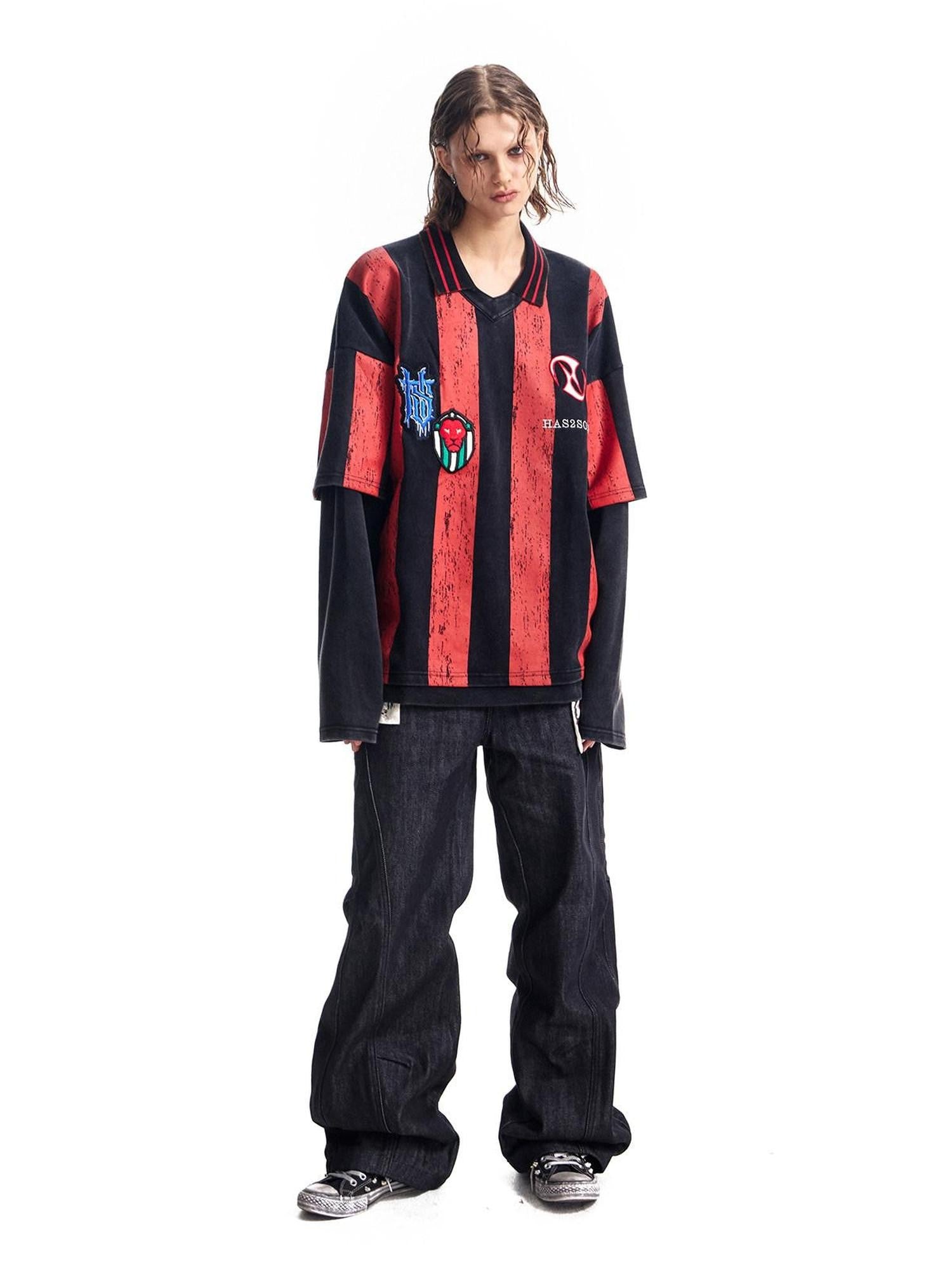 HAS2SONS Striped Faux Layered Washed 3d Embroidered Women's Cotton Long Sleeve T-shirts