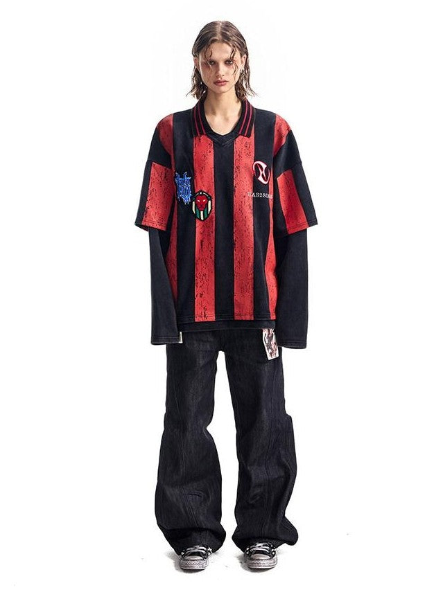 HAS2SONS Striped Faux Layered Washed 3d Embroidered Women's Cotton Long Sleeve T-shirts