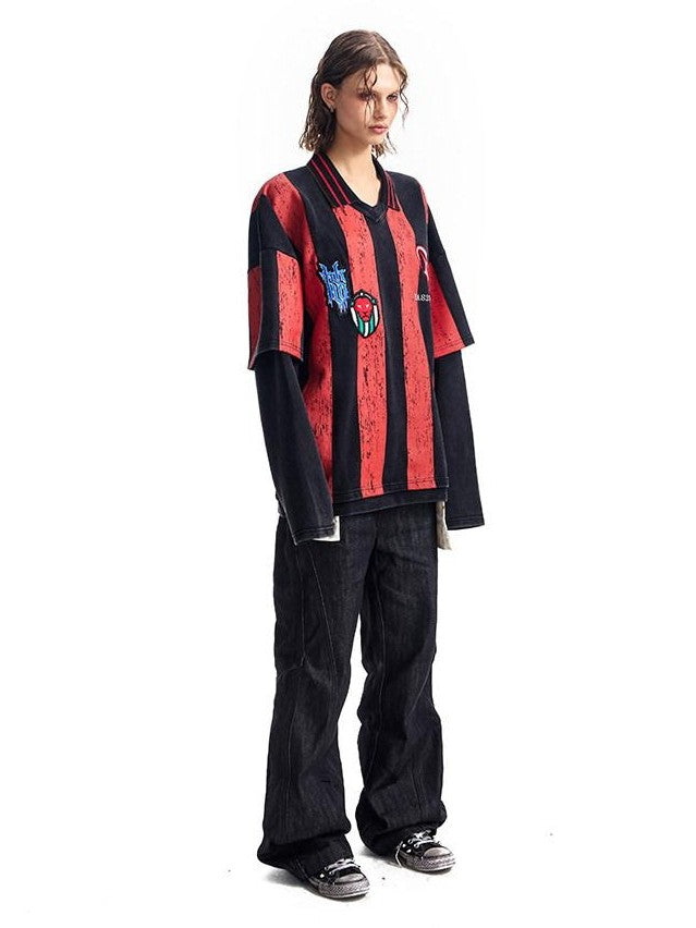 HAS2SONS Striped Faux Layered Washed 3d Embroidered Women's Cotton Long Sleeve T-shirts