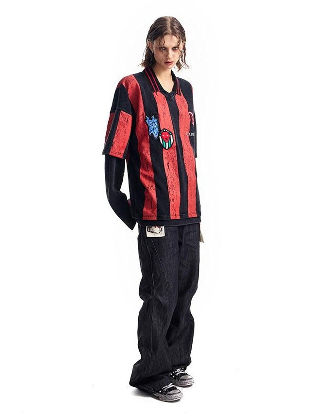 HAS2SONS Striped Faux Layered Washed 3d Embroidered Women's Cotton Long Sleeve T-shirts