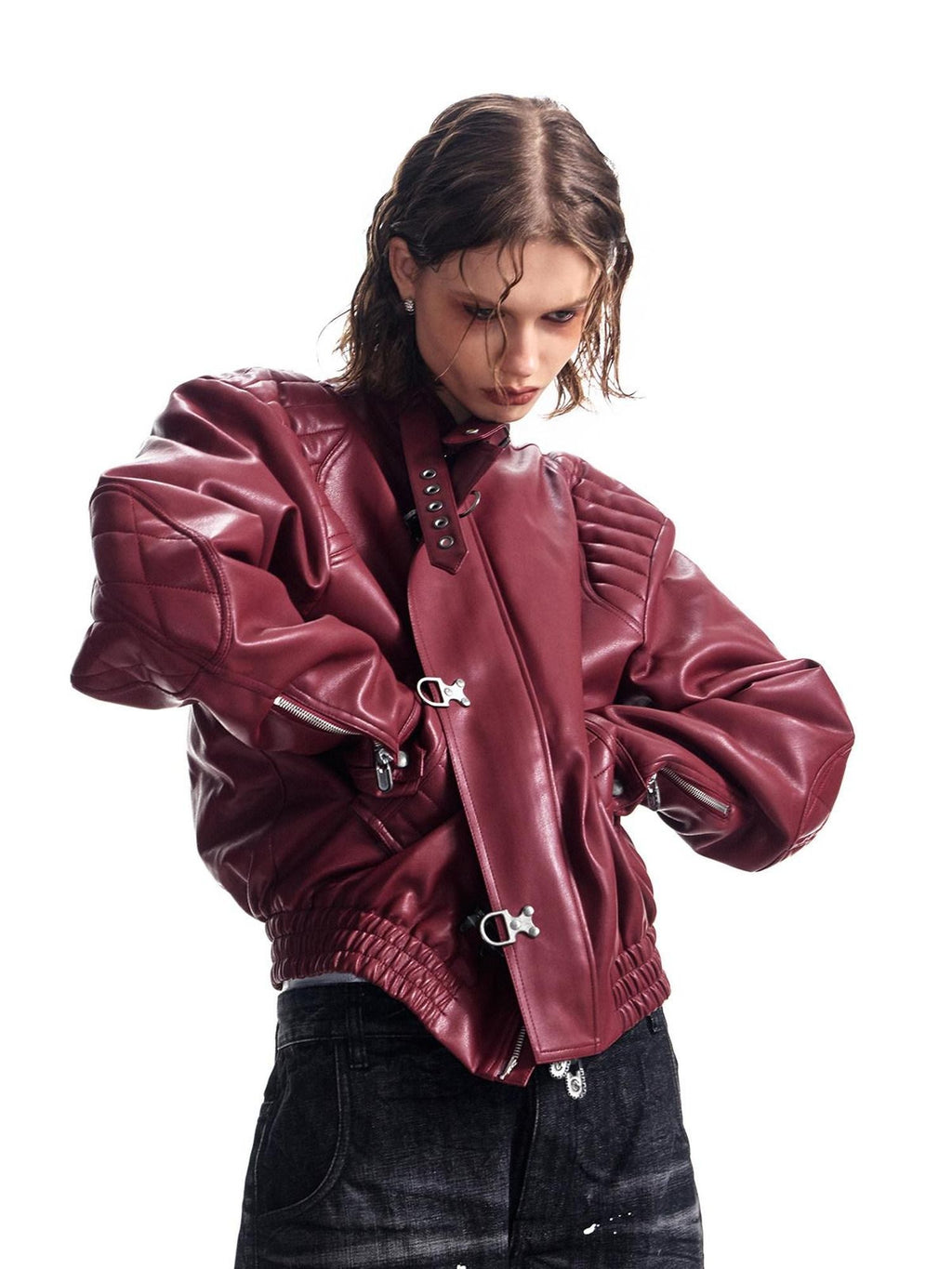 HAS2SONS Studded Embroidered Patch Curved Sleeve Women's Pu Leather Jackets