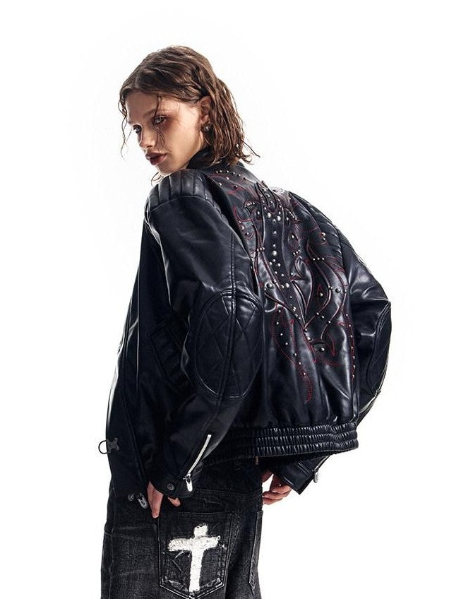 HAS2SONS Studded Embroidered Patch Curved Sleeve Women's Pu Leather Jackets