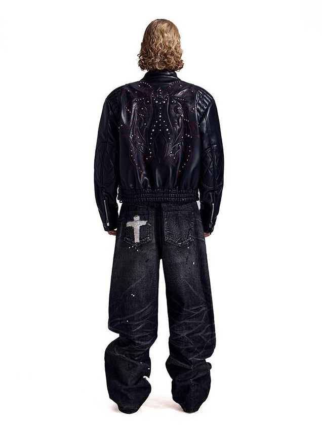 HAS2SONS Studded Embroidered Patch Curved Sleeve Women's Pu Leather Jackets