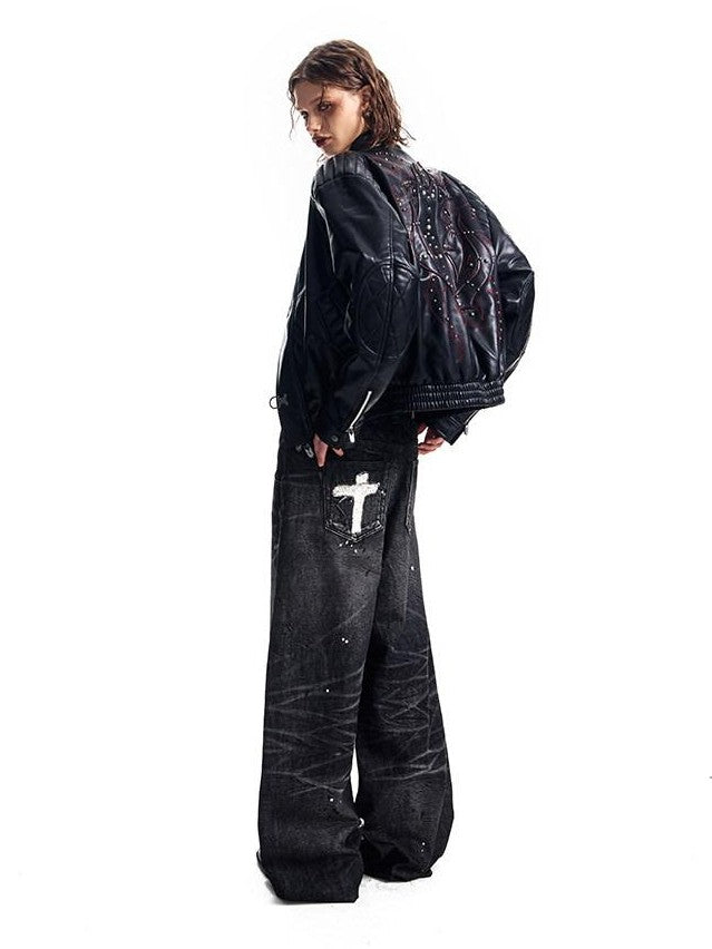 HAS2SONS Studded Embroidered Patch Curved Sleeve Women's Pu Leather Jackets