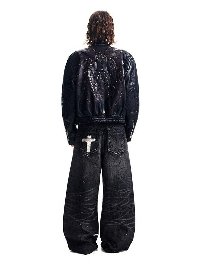 HAS2SONS Studded Embroidered Patch Curved Sleeve Women's Pu Leather Jackets