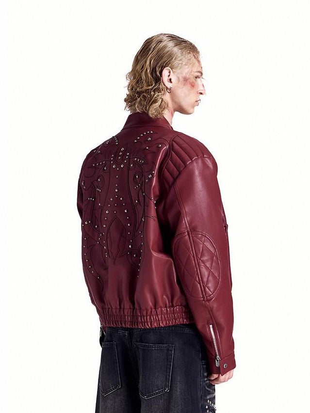 HAS2SONS Studded Embroidered Patch Curved Sleeve Women's Pu Leather Jackets