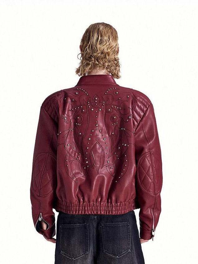 HAS2SONS Studded Embroidered Patch Curved Sleeve Women's Pu Leather Jackets