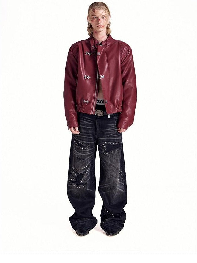 HAS2SONS Studded Embroidered Patch Curved Sleeve Women's Pu Leather Jackets