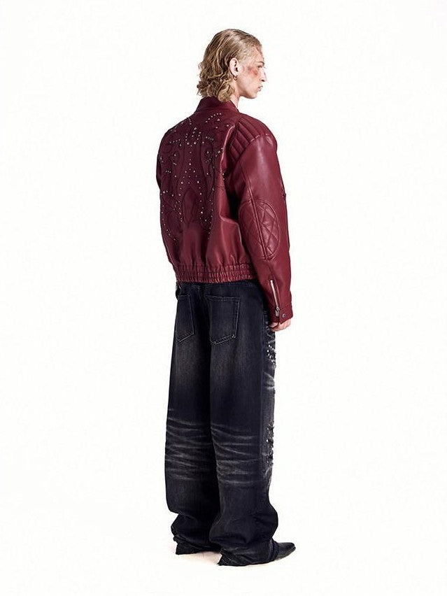 HAS2SONS Studded Embroidered Patch Curved Sleeve Women's Pu Leather Jackets