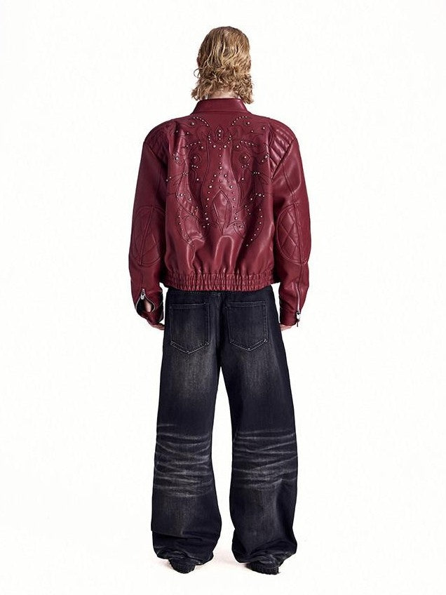 HAS2SONS Studded Embroidered Patch Curved Sleeve Women's Pu Leather Jackets