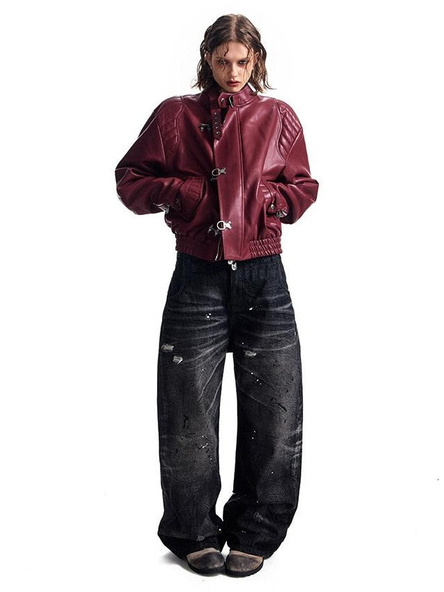 HAS2SONS Studded Embroidered Patch Curved Sleeve Women's Pu Leather Jackets