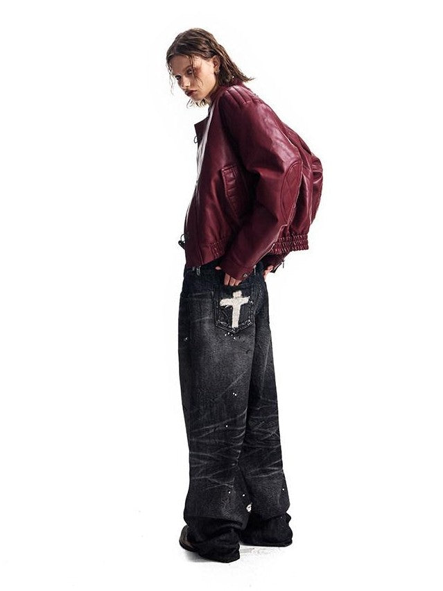 HAS2SONS Studded Embroidered Patch Curved Sleeve Women's Pu Leather Jackets