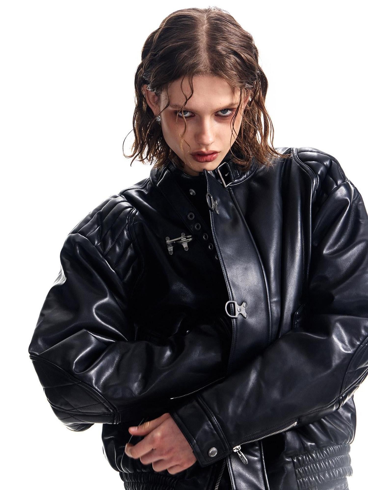HAS2SONS Studded Embroidered Patch Curved Sleeve Women's Pu Leather Jackets
