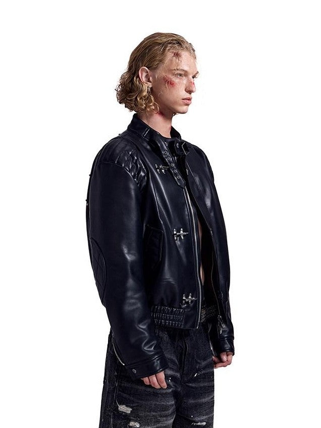 HAS2SONS Studded Embroidered Patch Curved Sleeve Women's Pu Leather Jackets