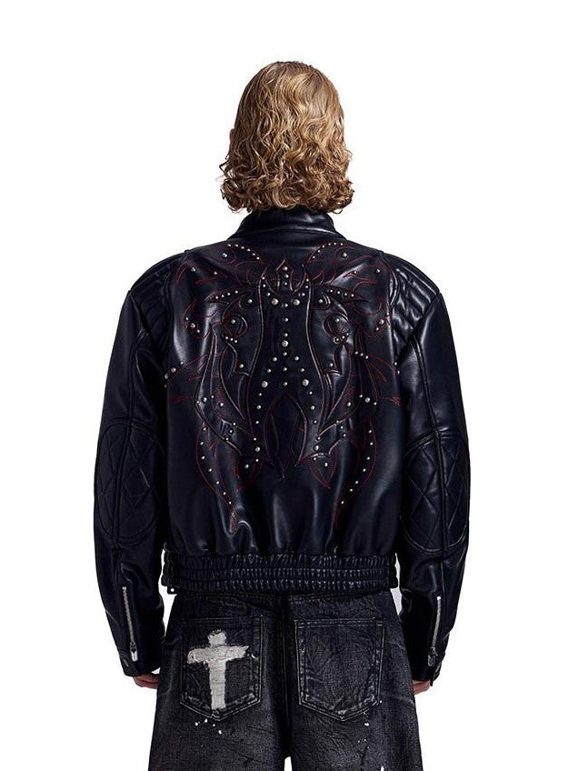 HAS2SONS Studded Embroidered Patch Curved Sleeve Women's Pu Leather Jackets