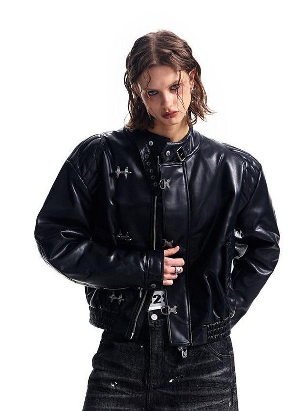HAS2SONS Studded Embroidered Patch Curved Sleeve Women's Pu Leather Jackets